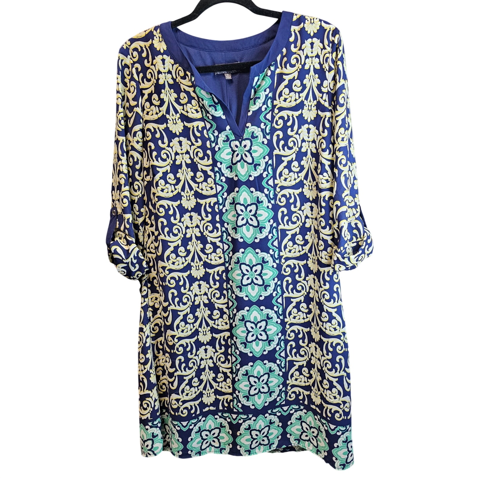 Luxology Navy Blue Damask Floral Medallion Roll Tab Sleeve Shift Dress 12